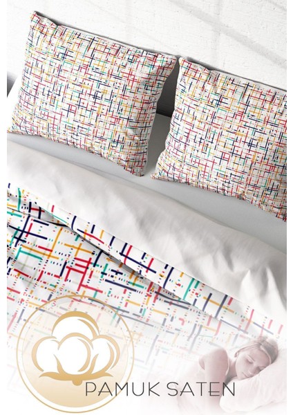 Çift Kişilik Lastikli Çarşaflı Pamuk Saten Colorful Lines Nevresim Takımı fırsatları