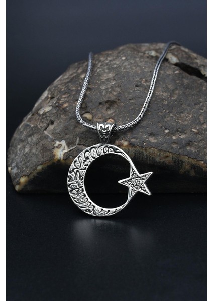 Gümüş Kelime-I Tevhid ve Bismillah Yazlı Ay Yıldızlı (Ayyıldızlı) 925 Ayar Gümüş Kolye Zincir 901313