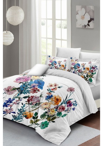 Lastikli Çarşaflı Pamuk Saten Çift Kişilik Flower Mix Nevresim Takımı