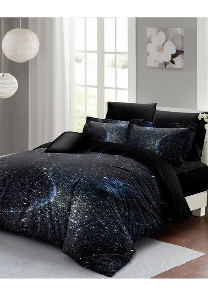 Çift Kişilik Sık Dokuma Pamuk Saten 3D Özel Tasarım Star Moon Nevresim Takımı