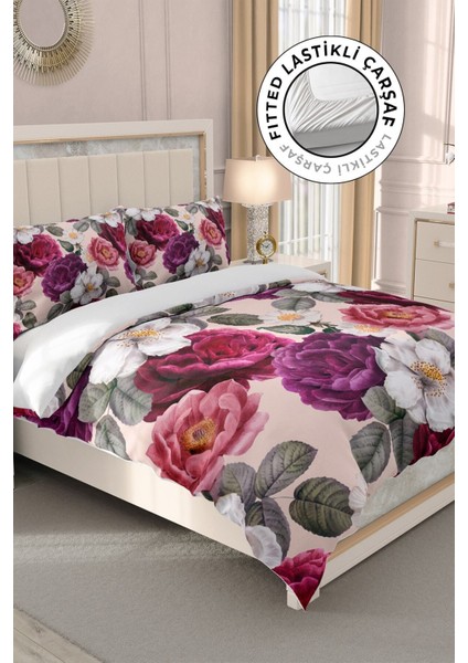 Lastikli Çarşaflı Pamuk Saten Çift Kişilik Flower Dream Nevresim Takımı