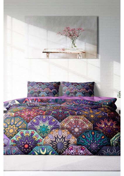 Doğal Pamuk Çift Kişilik 3D Digital Ethnic Purple Nevresim Takımı fırsatları