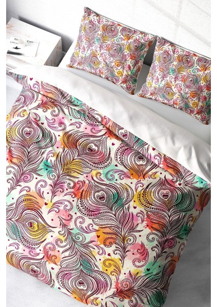 Doğal Pamuk Çift Kişilik 3D Digital Peacock Feathers Nevresim Takımı