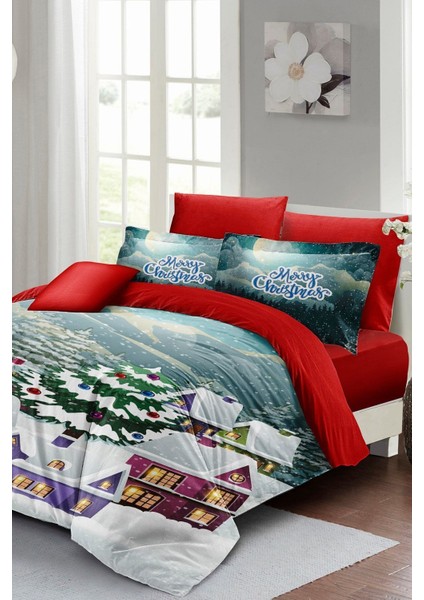 Yılbaşı Süsü Dream House Noel Pamuk Saten 3D Çift Kişilik Nevresim Takımı