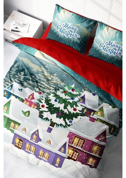 Yılbaşı Süsü Dream House Noel Pamuk Saten 3D Çift Kişilik Nevresim Takımı modelleri