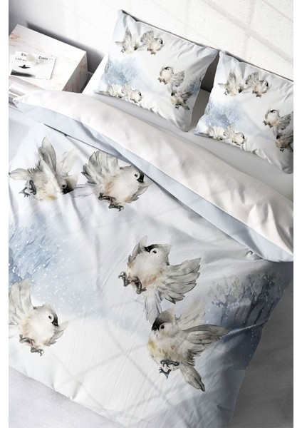 Çift Kişilik Sık Dokuma Pamuk Saten 3D Özel Tasarım Snow Bird Nevresim Takımı