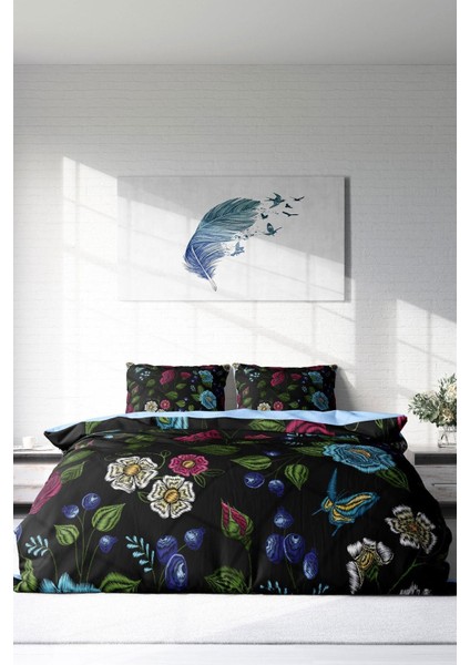 Çift Kişilik Sık Dokuma Pamuk Saten 3D Özel Tasarım Flower Black Nevresim Takımı modelleri