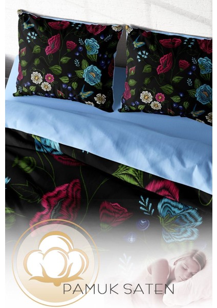 Çift Kişilik Sık Dokuma Pamuk Saten 3D Özel Tasarım Flower Black Nevresim Takımı fırsatları