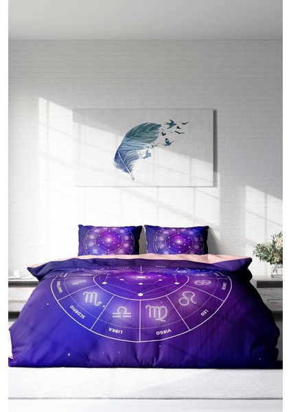 Çift Kişilik Lastikli Çarşaflı Pamuk Saten Astroloji Nevresim Takımı