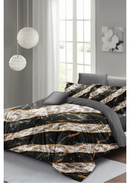 Çift Kişilik Lastikli Çarşaflı Pamuk Saten Zebra Marble Nevresim Takımı