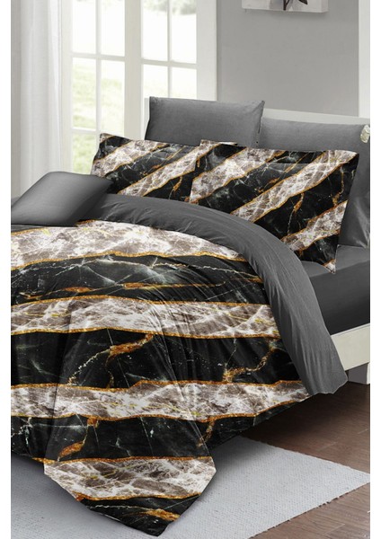 Çift Kişilik Lastikli Çarşaflı Pamuk Saten Zebra Marble Nevresim Takımı modelleri