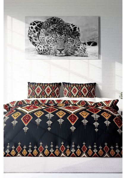 Çift Kişilik Lastikli Çarşaflı Pamuk Saten Ethnic Geometric Nevresim Takımı