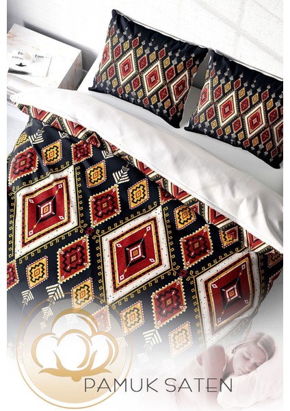 Çift Kişilik Lastikli Çarşaflı Pamuk Saten Ethnic Geometric Nevresim Takımı fırsatları