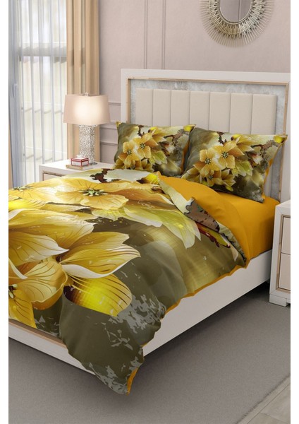 Lastikli Çarşaflı Pamuk Saten Çift Kişilik Yellow Flowers Nevresim Takımı modelleri