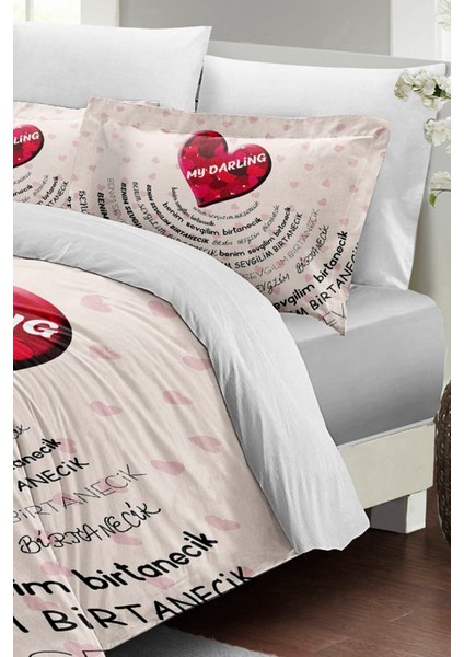 Çift Kişilik Lastikli Çarşaflı Sevgililer Günü % 100 Pamuk Saten Darling White Nevresim Takımı fırsatları