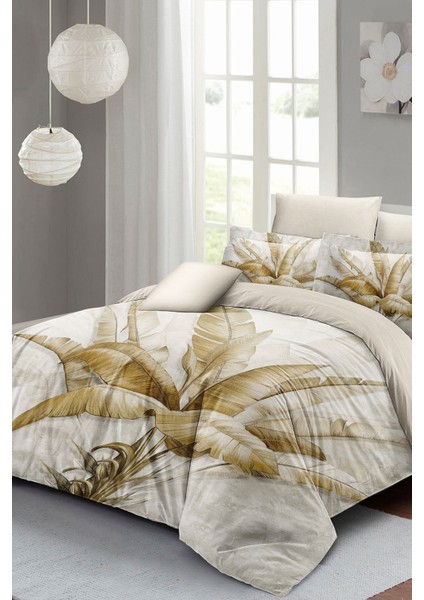 Çift Kişilik Lastikli Çarşaflı Pamuk Saten Retro Palm Luxury Nevresim Takımı