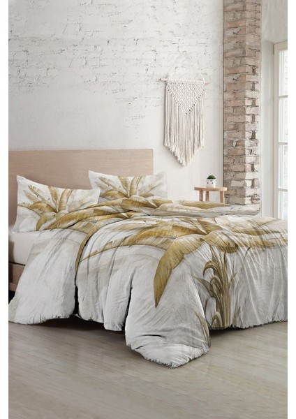 Çift Kişilik Lastikli Çarşaflı Pamuk Saten Retro Palm Luxury Nevresim Takımı