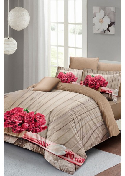 Çift Kişilik Sık Dokuma Pamuk Saten 3D Özel Tasarım Pink Flowers Nevresim Takımı
