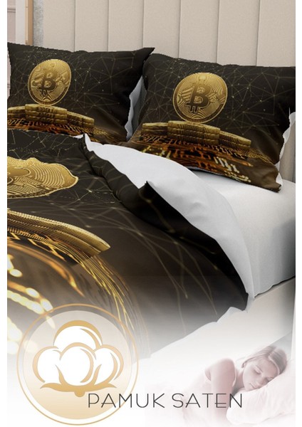 Çift Kişilik Lastikli Çarşaflı Pamuk Saten 3D Bitcoin Kahve Nevresim Takımı fırsatları