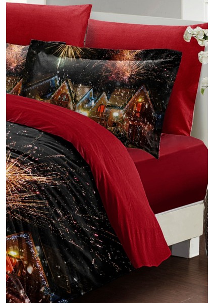 Yılbaşı (Lastikli Çarşaflı) Çift Kişilik Pamuk Saten Nights Houses Nevresim Takımı fırsatları