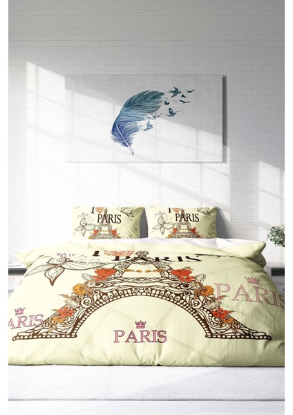 Çift Kişilik Lastikli Çarşaflı Pamuk Saten I Love Paris Nevresim Takımı