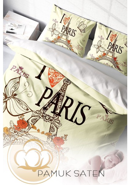 Çift Kişilik Lastikli Çarşaflı Pamuk Saten I Love Paris Nevresim Takımı fırsatları