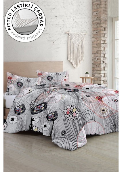 Lastikli Çarşaflı Pamuk Saten Çift Kişilik Grey Energy Luxury Nevresim Takımı