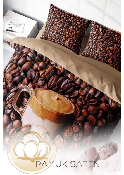 Çift Kişilik Sık Dokuma Pamuk Saten 3D Özel Tasarım Night Coffee Nevresim Takımı