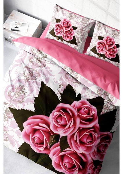 Çift Kişilik Nevresim Seti Sık Dokuma Pamuk Saten 3D Özel Tasarım ROSE-1008 Naturel (Çarşafsızdır) Nevresim Takımı