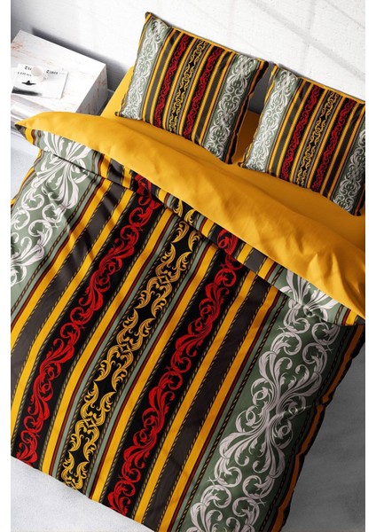 Lastikli Çarşaflı Pamuk Saten Çift Kişilik Ribbon Baroque Style Nevresim Takımı