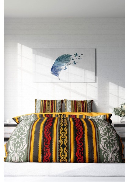 Lastikli Çarşaflı Pamuk Saten Çift Kişilik Ribbon Baroque Style Nevresim Takımı