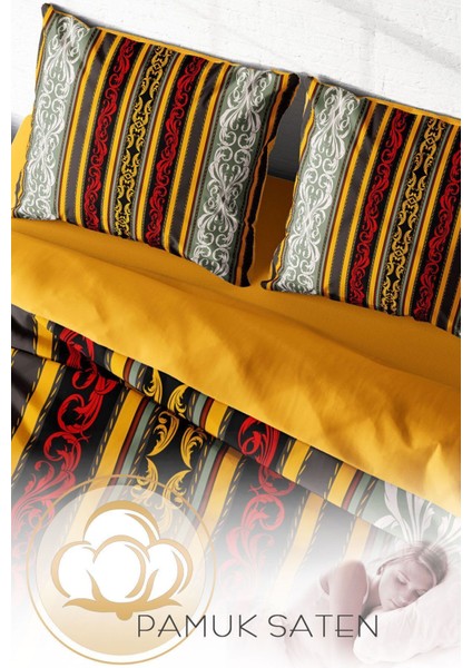Lastikli Çarşaflı Pamuk Saten Çift Kişilik Ribbon Baroque Style Nevresim Takımı