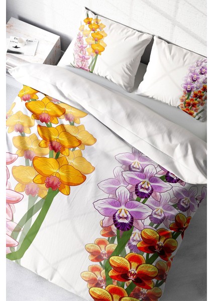 Lastikli Çarşaflı Pamuk Saten Çift Kişilik Orchid Nevresim Takımı