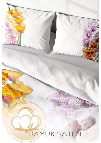 Lastikli Çarşaflı Pamuk Saten Çift Kişilik Orchid Nevresim Takımı fırsatları