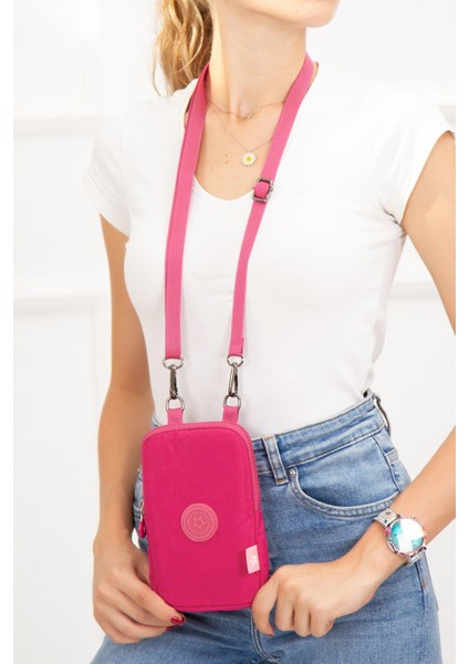 Pembe Krınkıl Kumaş Telefon Bölmeli Mini Omuz Çantası