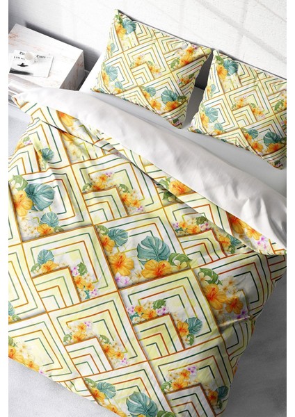 Doğal Pamuk Çift Kişilik 3D Digital Flower Squares Nevresim Takımı