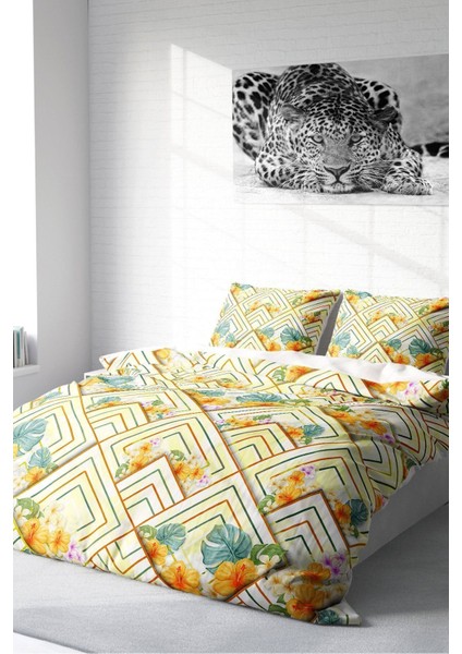 Doğal Pamuk Çift Kişilik 3D Digital Flower Squares Nevresim Takımı fiyatları