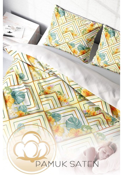 Doğal Pamuk Çift Kişilik 3D Digital Flower Squares Nevresim Takımı fırsatları