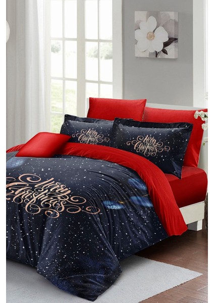 Yılbaşı Süsü Blue & Red Noel Pamuk Saten 3D Çift Kişilik Nevresim Takımı
