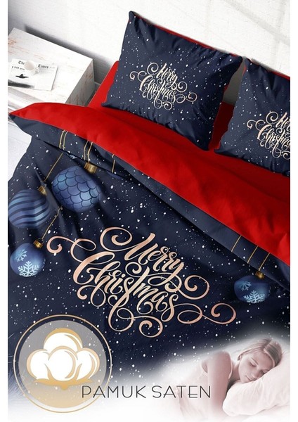 Yılbaşı Süsü Blue & Red Noel Pamuk Saten 3D Çift Kişilik Nevresim Takımı fırsatları