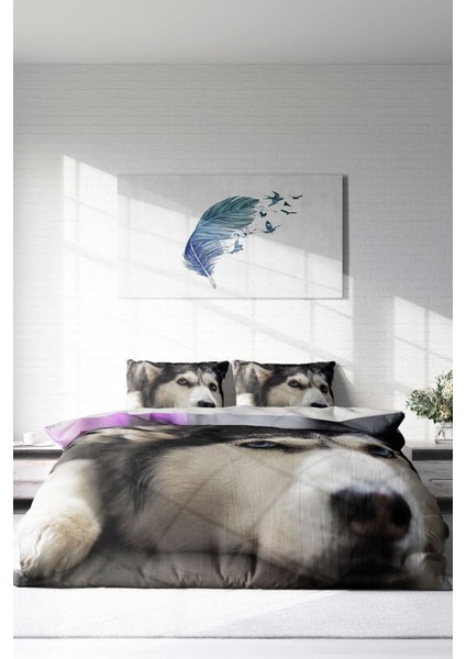 Doğal Pamuk Çift Kişilik 3D Digital Husky Nevresim Takımı modelleri