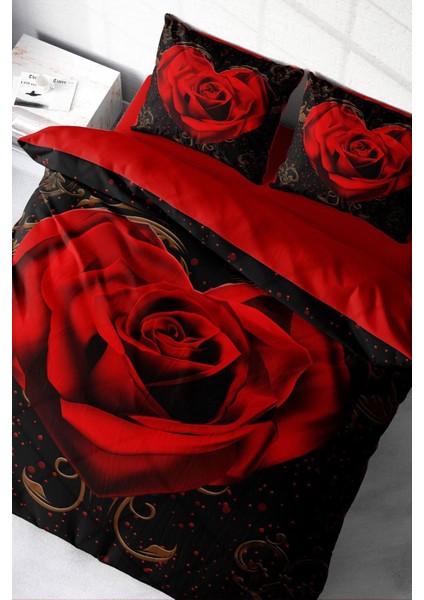 Doğal Pamuk Çift Kişilik 3D Digital Red Black Heart Nevresim Takımı