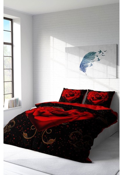 Doğal Pamuk Çift Kişilik 3D Digital Red Black Heart Nevresim Takımı fiyatları
