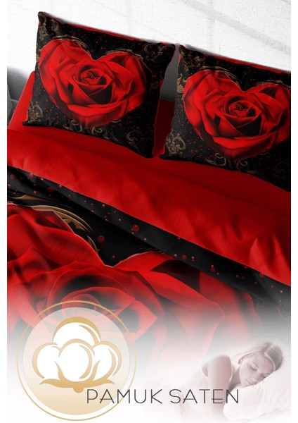 Doğal Pamuk Çift Kişilik 3D Digital Red Black Heart Nevresim Takımı fırsatları