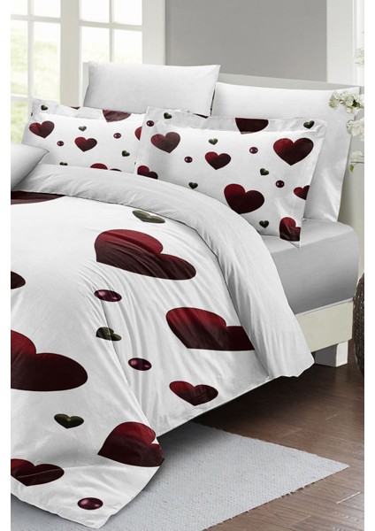 Çift Kişilik Lastikli Çarşaflı Pamuk Saten White Love Nevresim Takımı
