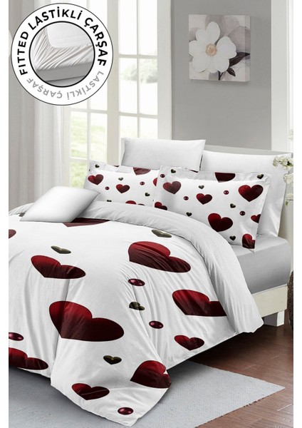 Çift Kişilik Lastikli Çarşaflı Pamuk Saten White Love Nevresim Takımı