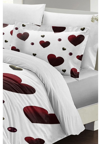 Çift Kişilik Lastikli Çarşaflı Pamuk Saten White Love Nevresim Takımı