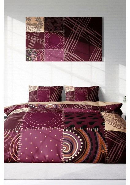Çift Kişilik Lastikli Çarşaflı Pamuk Saten Patchwork Nevresim Takımı