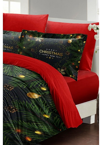 Yılbaşı Süsü Merry Christmas Çift Kişilik 3D Pamuk Nevresim Takımı