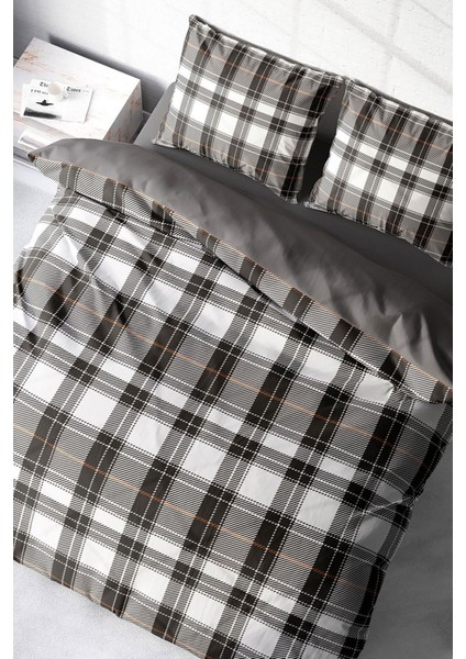 Doğal Pamuk Çift Kişilik 3D Digital Grey Ekose Nevresim Takımı